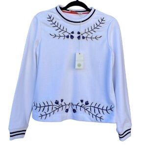 Tory Burch Lacey Pullover Embroidered Long Sleeve Top Size XS White